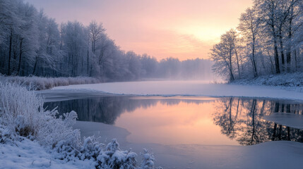 Fototapeta premium A serene winter landscape featuring a partially frozen lake, mist rising from the water, and trees silhouetted against the sunrise. 