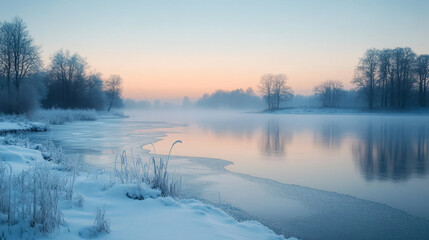 A serene winter landscape featuring a partially frozen lake, mist rising from the water, and trees silhouetted against the sunrise.
