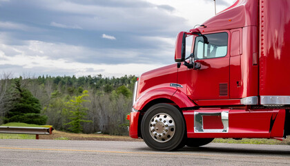 Fototapeta premium Red Semi Truck Parked on Side of Road and Copy Space