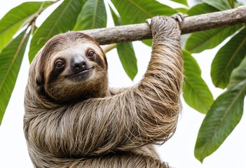 A three-toed sloth hanging from a branch in a lush, green forest.