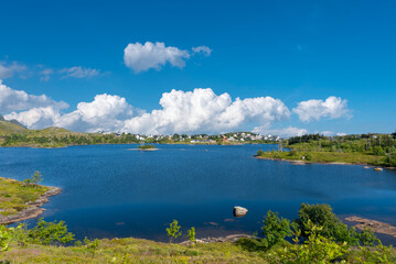 View from Munkebu-stig of Sorvagen and Lake Sorvagsvatn. Lofoten district in Norway