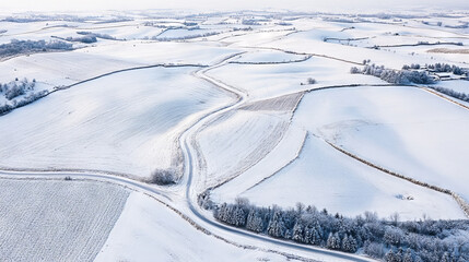 Fototapeta premium Aerial shot of a picturesque rural landscape blanketed in snow, featuring a winding road cutting through snow-covered fields and trees. 
