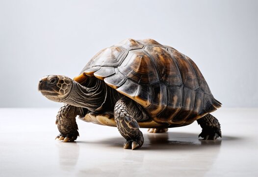 Close-up of a turtle with a patterned shell walking on a smooth, light-colored surface.