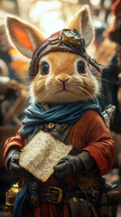 Adventurous Pirate Rabbit Holding Treasure Map on Tropical Beach, Whimsical Animal Character in Quest for Hidden Treasure, Vibrant Tropical Adventure Concept for Illustration or Storytelling