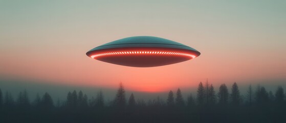 UFO Over Forest at Sunset  SciFi Illustration