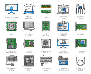 Software and hardware of computer, color line vector icons of PC and laptop components. Computer display and power supply unit, CPU processor and HDD drive disk, SSD memory storage and motherboard