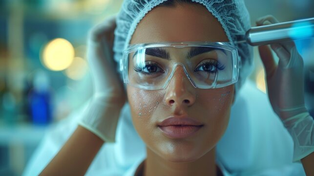 Portrait of a young female scientist in lab gear, focused on her work with a droplet on her cheek, holding a pipette in a lab setting.