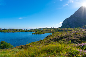 Landscape with lake Sorvagvatnet near Sorvagen. Lofoten district in Norway