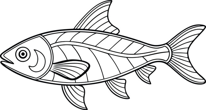 recommend clip art: Neon Tetra fish line art vector illustration on black and white.