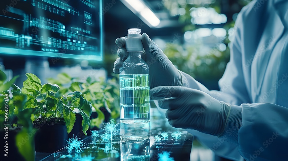 Poster scientist in a lab holding a liquid sample with data displayed on the bottle and a computer screen