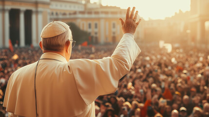 The Pope waves to a large crowd during a public blessing, standing in front of a grand basilica under the warm sunlight.
