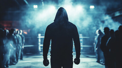 A fighter wearing a hooded sweatshirt stands in a dimly lit arena, facing a crowd and ring, preparing for an intense match.
