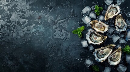 Image shows fresh oysters on dark surface with basil and salt. Ambient lighting highlights raw seafood, creating natural ocean vibe.