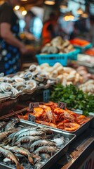 Fototapeta premium A bustling market scene with fresh seafood, vegetables, and people shopping, capturing the vibrant atmosphere. Busy stalls, people, and food on display add to the lively energy.