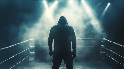 A fighter wearing a hooded sweatshirt stands in a dimly lit arena, facing a crowd and ring, preparing for an intense match.
