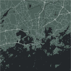 Map of Helsinki in Finland in a smooth dark style. Contains layered vector with roads water, parks, etc.