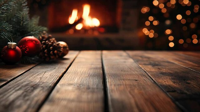 Empty wooden tabletop with christmas tree and fireplace in background