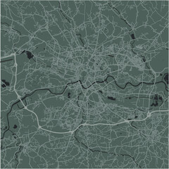 Map of Krakow in Poland in a smooth dark style. Contains layered vector with roads water, parks, etc.