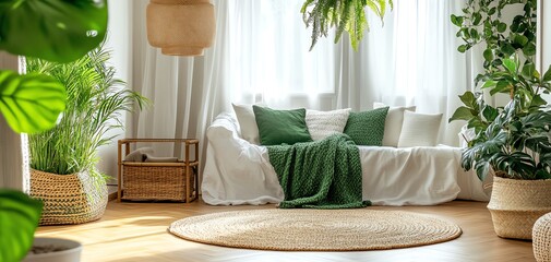 Bright and cozy living room with plants, green accents, and natural sunlight.