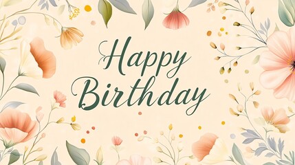 A festive birthday greeting adorned with soft pastel flowers, featuring the words "Happy Birthday" in elegant script.