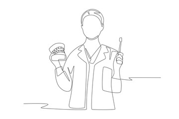Dentist holding dentures and toothbrush. Dentist concept one-line drawing