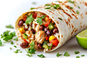 A vibrant and fresh burrito filled with seasoned rice, black beans, grilled chicken, corn, and colorful vegetables, garnished with cilantro and served with a lime wedge