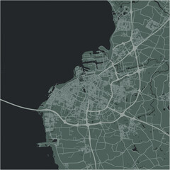 Map of Malmo in Sweden in a smooth dark style. Contains layered vector with roads water, parks, etc.