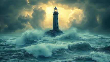 a solitary lighthouse standing tall on a rugged island surrounded by expansive ocean waves under a dramatic sky symbolizing hope and guidance in solitude