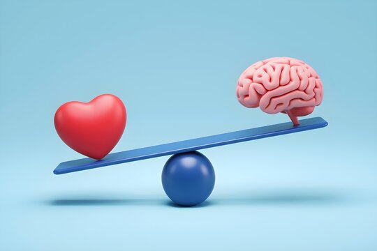 Balance scale with heart and brain, symbolizing emotion vs intellect