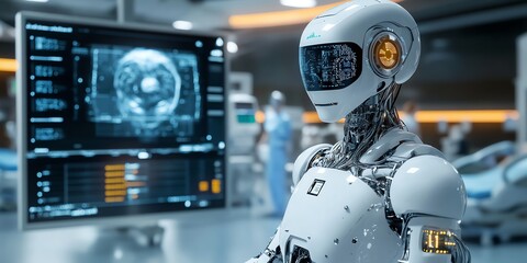Fototapeta premium A humanoid robot with a white and silver body stands in a modern hospital room with a large screen behind it displaying a brain scan. 
