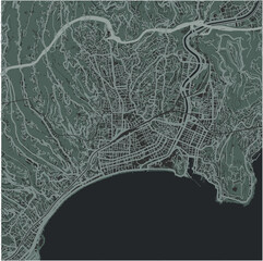 Map of Nice in France in a smooth dark style. Contains layered vector with roads water, parks, etc.