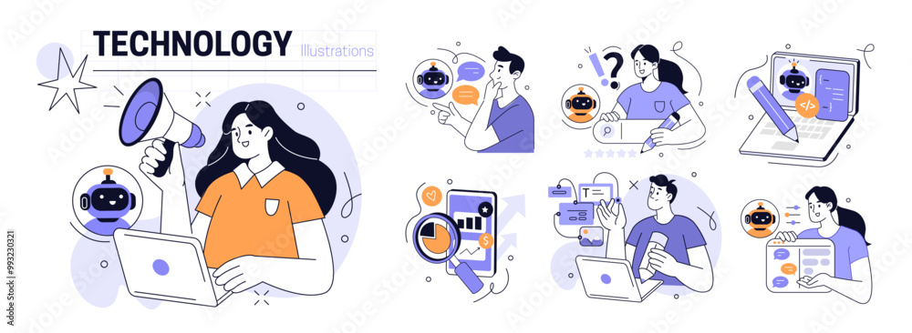 Poster ai technology in business and marketing set. characters using artificial intelligence, algorithms, g