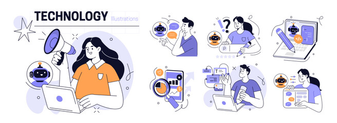 AI technology in business and marketing set. Characters using artificial intelligence, algorithms, generative tools to searching, writing prompts, generating content. Vector illustration.
