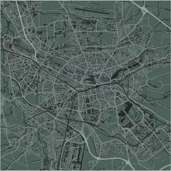 Map of Nuremberg in Germany in a smooth dark style. Contains layered vector with roads water, parks, etc.