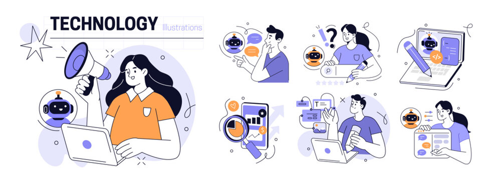 AI technology in business and marketing set. Characters using artificial intelligence, algorithms, generative tools to searching, writing prompts, generating content. Vector illustration.
