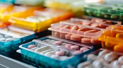 Colorful Pill Boxes Filled with Various Medications in Close-Up