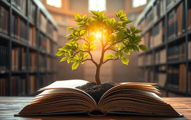 The concept of education by planting a tree of knowledge in the opening of an old book in the library and the magical magic of light that flies to the destination of success. Beautiful background 