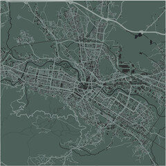 Map of Skopje in North Macedonia in a smooth dark style. Contains layered vector with roads water, parks, etc.