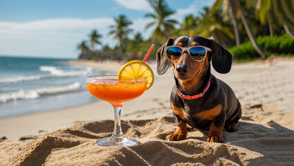 Dachshund dog in sunglasses with cocktail on beach by sea