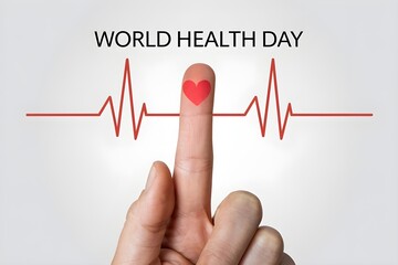Finger with red heart mark, WORLD HEALTH DAY above connects to health awareness