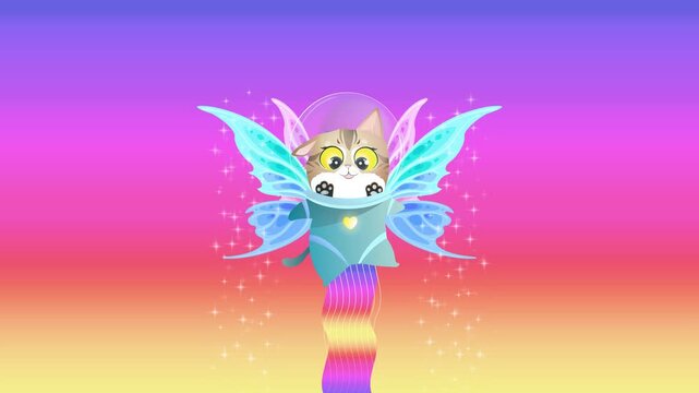 Animation of cute kitty cat in astronaut suit flying in space and action adventure game vibes, with a colorful background. Adorable astronaut kiten exploring a new planet.