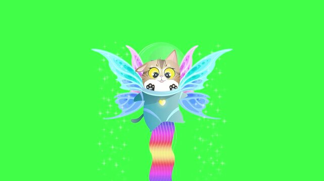 Animation of cute kitty cat in astronaut suit flying in space and action adventure game vibes, with a green background. Adorable astronaut kiten exploring a new planet.