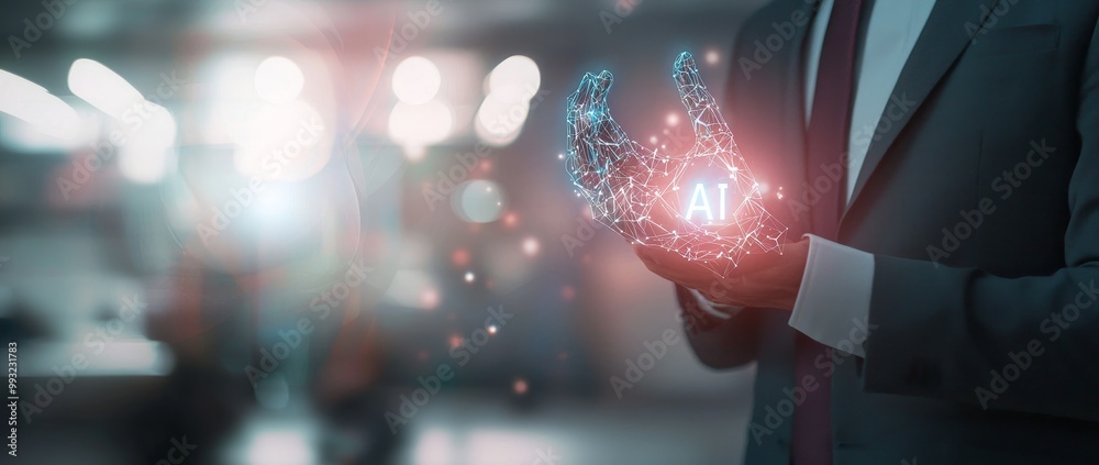 Poster ai, stock, and machine learning, a businessman controls a robot in a factory with a smart phone usin