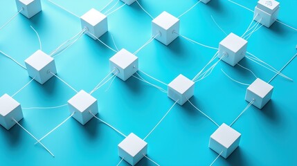 A blue background with white cubes connected by strings