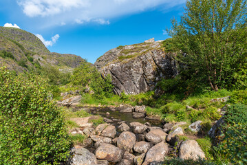 Landscape with mountain stream Studalselva near Munkebu-stig. Sorvagen in Lofoten district of Norway