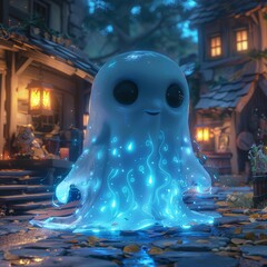 glowing ghost in a magical village during Halloween night