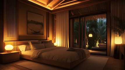Fototapeta premium Elegant tropical bedroom with ambient lighting and views of lush greenery in a serene evening setting