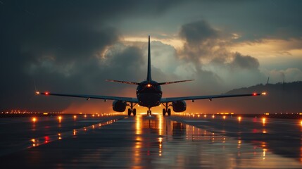 Airplane departure from the ground, flying up in the air on an airport during the evening or night