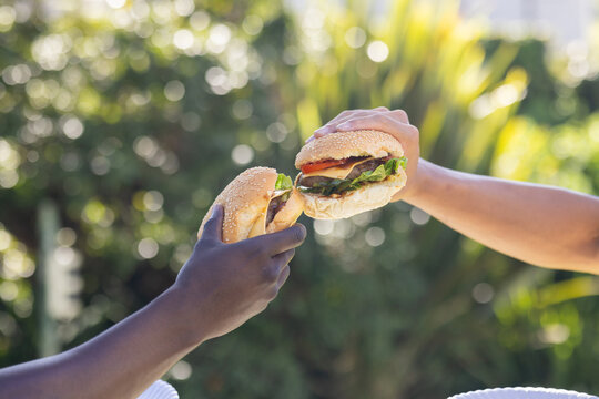Toasting with burgers, two diverse male friends enjoying outdoor meal together in garden