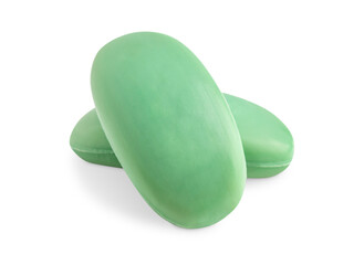 Close up view of two organic handmade scented antibacterial soap bars of green colour isolated on white background used as toiletries for washing and skincare protection hygiene for bath and shower